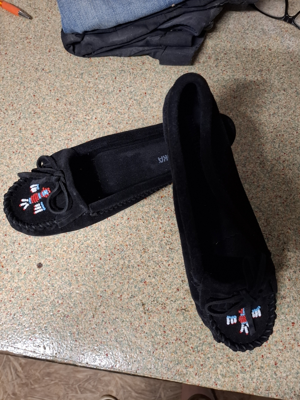 Minnetonka Black Suede Moccasin with Red & White Bead Detail